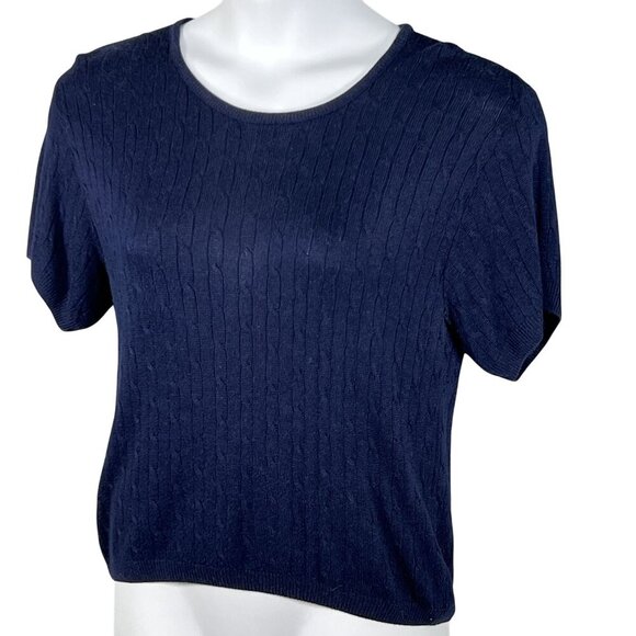 Pendleton Womens M Silk Blend Navy Cable Knit Sweater Top Quiet Luxury Timeless - Picture 5 of 11